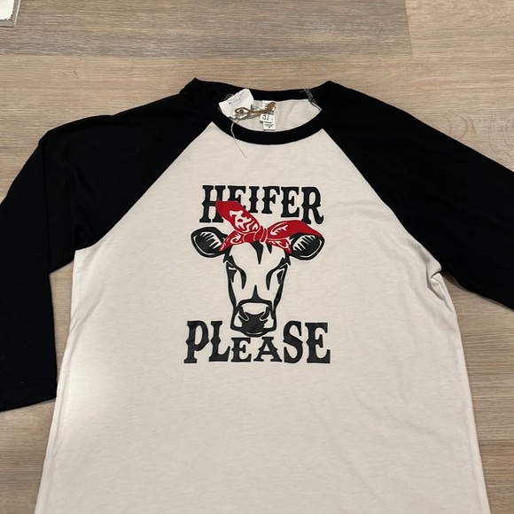 NWT HEIFER PLEASE cowgirl Cow Rodeo FFA baseball style Tee TShirt Medium M - Picture 2 of 5